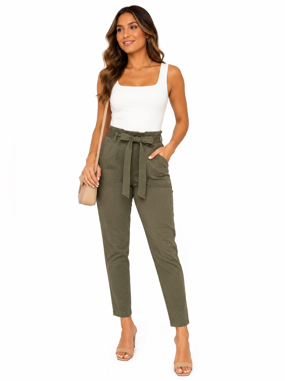 Express Olive Paperbag Waist Belted High Rise Chino Pants Size 10